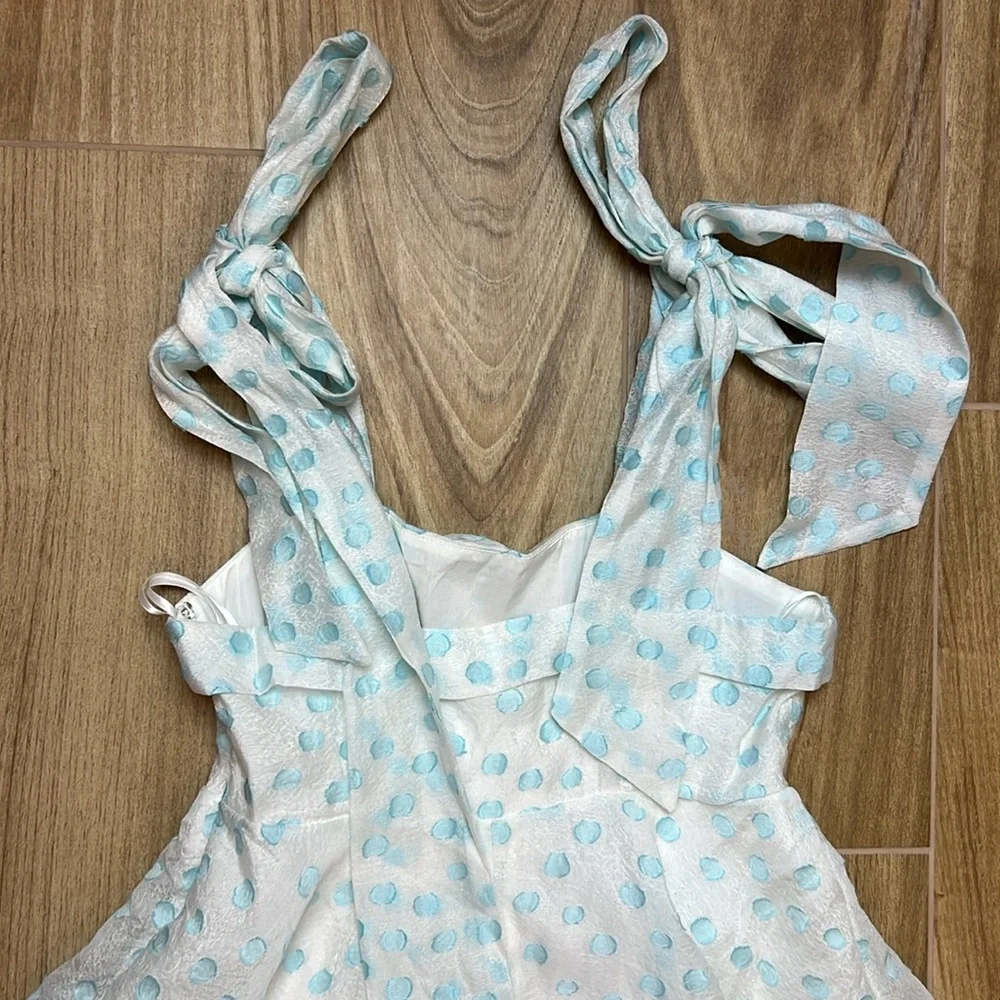 MABLE Fit Flare‎ White and Light Blue Polka Dot Mini Dress